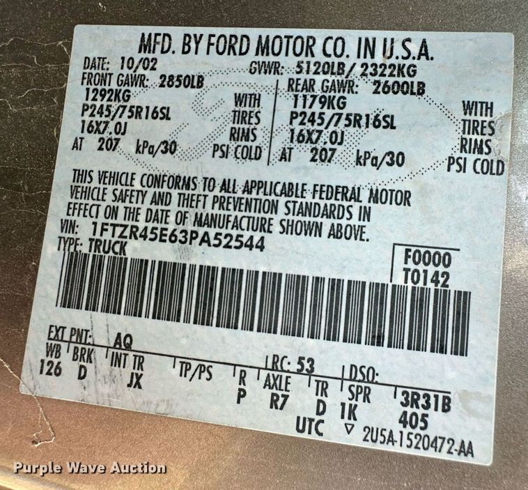 image for item ER8334 2003 Ford Ranger XLT SuperCab pickup truck