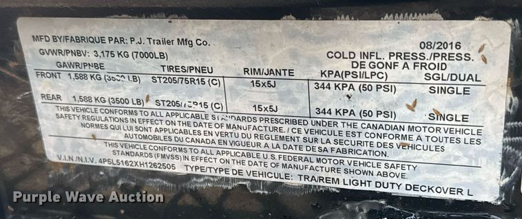 image for item LH9332 2017 PJ equipment trailer