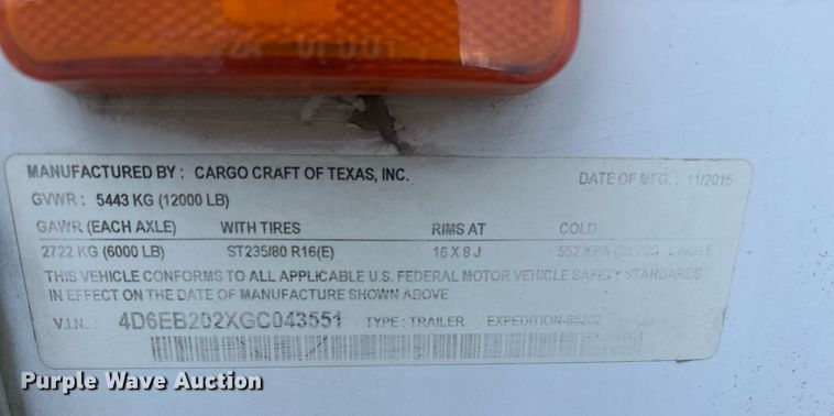 image for item OK9380 2016 Cargo Craft enclosed cargo trailer