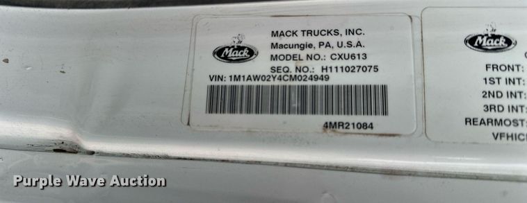 image for item DF8437 2012 Mack CXU613 dump truck