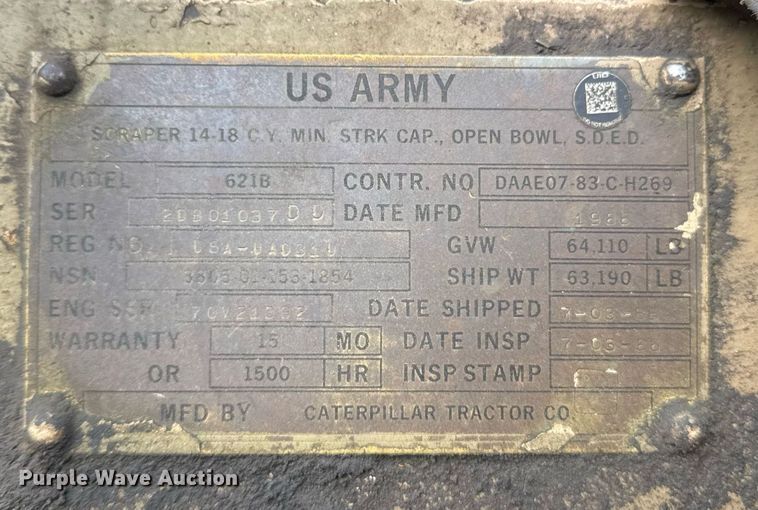 image for item DJ9729 1986 Caterpillar 621B conventional scraper 