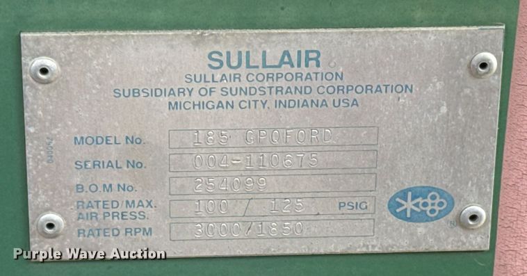 image for item DO0001 1993 Sullair 185Q air compressor