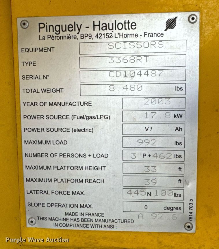 image for item DO0459 2003 Haulotte 3368RT scissor lift