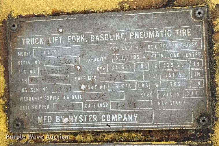 image for item DO0561 1971 Hyster H150F forklift