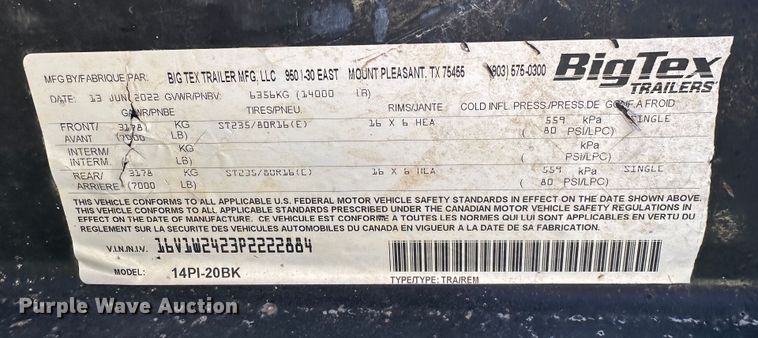 image for item DP6080 2023 Big Tex 14PI-20BK utility trailer