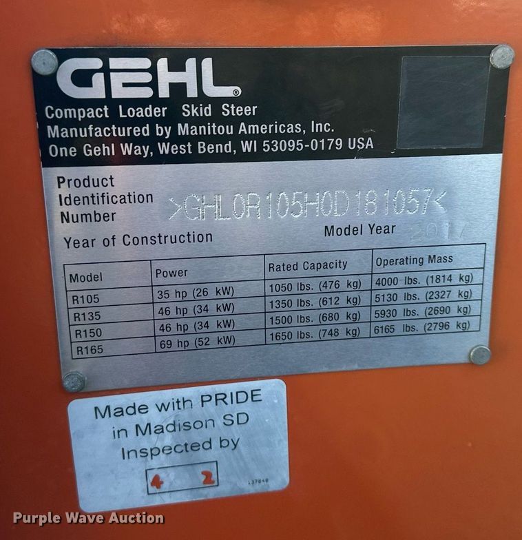 image for item DQ6467 2017 Gehl R105 skid steer loader