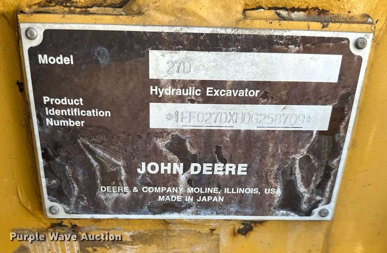 image for item DS3302 2014 John Deere 27D mini excavator