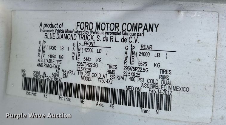 image for item DS3315 2012 Ford F750 Super Duty dump truck