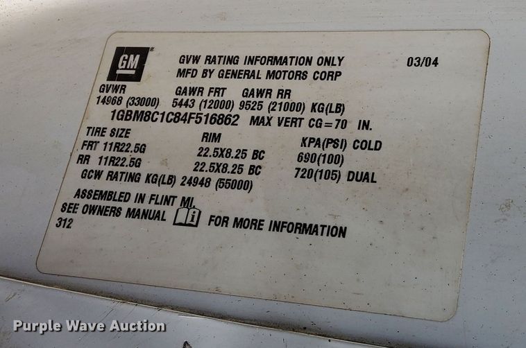 image for item DU3278 2004 Chevrolet  C8500 truck cab and chassis