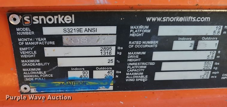 image for item DV0134 2017 Snorkel S3219E scissor lift