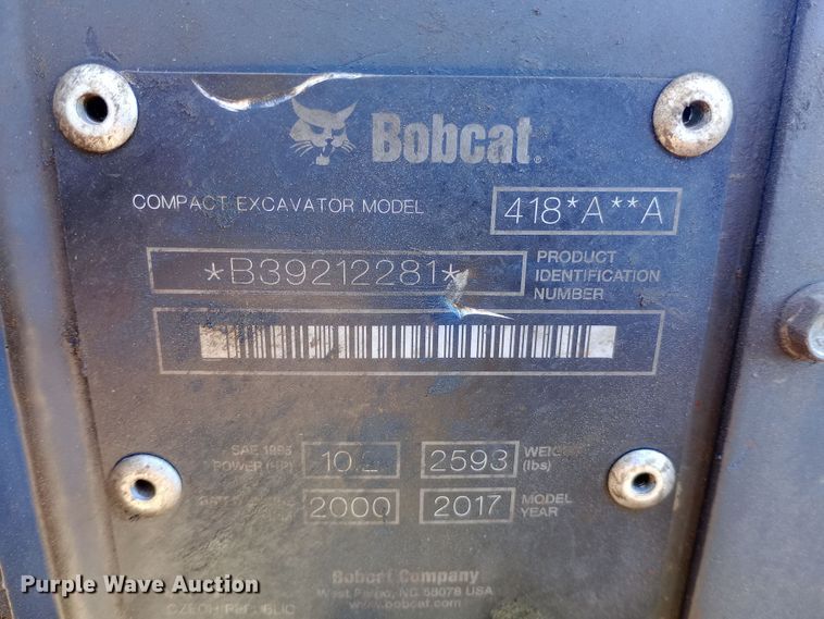 image for item DW0910 2017 Bobcat 418 mini excavator