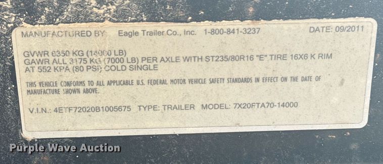 image for item DX3734 2011 Eagle 7X20FTA70-14000 equipment trailer