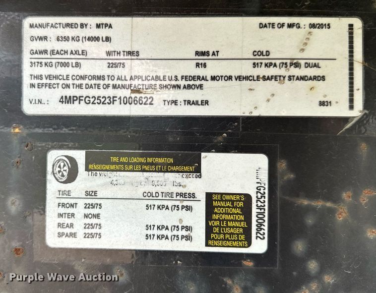 image for item EH7349 2015 Maxwell drop deck equipment trailer