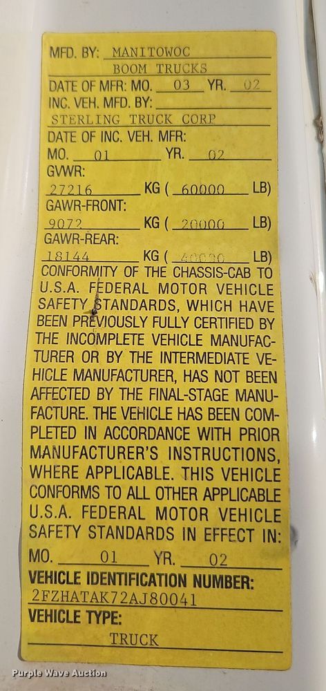 image for item EI8637 2002 Sterling L7500 crane truck