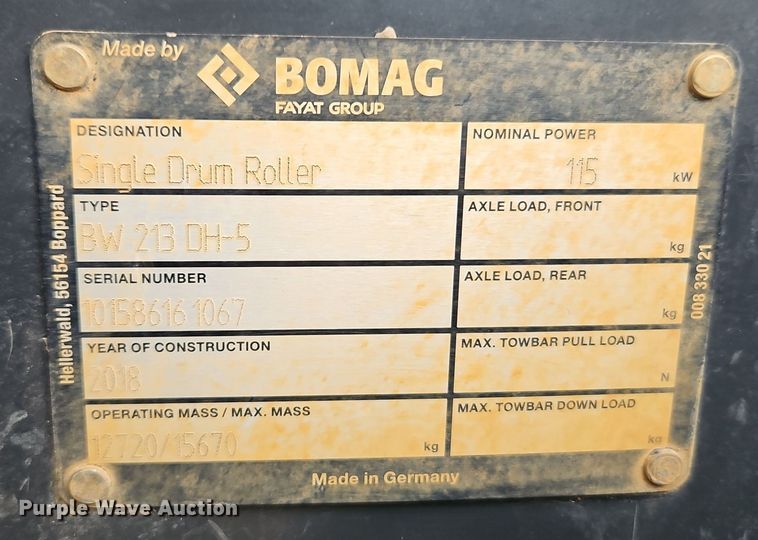 image for item EI8693 2018 Bomag BW213-DH5 single drum vibratory roller