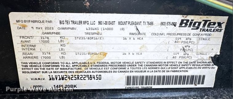 image for item EL6512 2024 Big Tex 14PI-20BK utility trailer