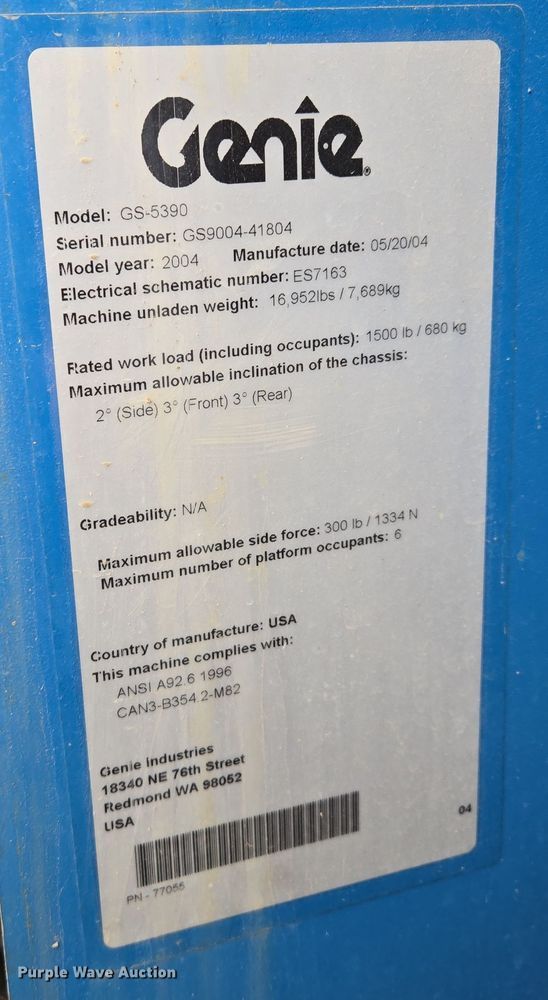 image for item EQ3680 2004 Genie  5390RT scissor lift