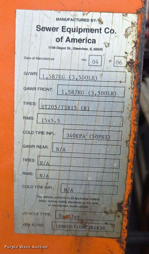 image for item EQ3682 2006 Sewer Equipment of America  sewer auger trailer