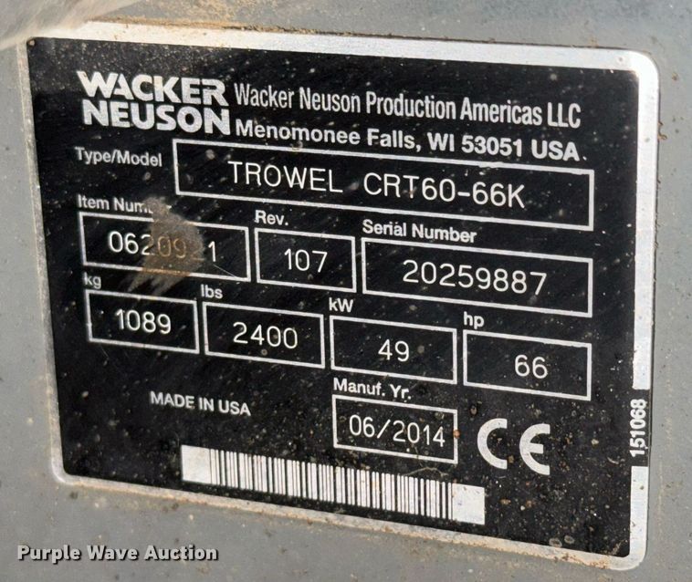image for item LH9302 2014 Wacker Neuson  CRT60-66K power trowel 