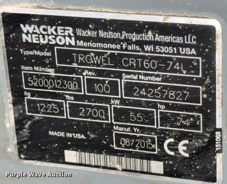 image for item LH9303 2015 Wacker Neuson CRT60-74L Power trowel 
