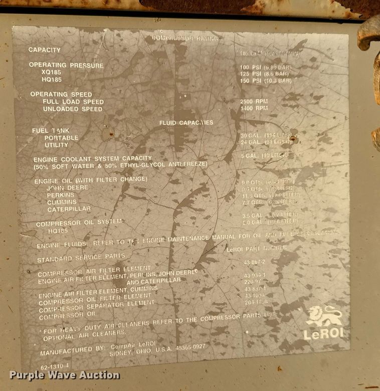 image for item LH9353 1999 CompAir LeRoi Q185DJ-E air compressor