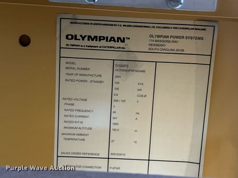 image for item NJ9617 2001 Olympian D100P2 generator