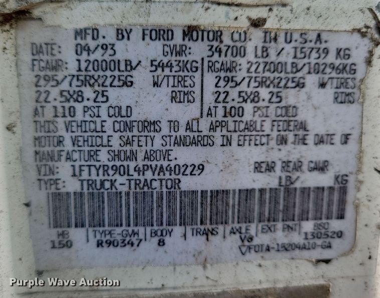 image for item OH9419 1993 Ford  LN9000 dump truck