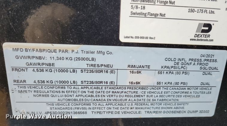 image for item OH9455 2022 PJ 3D302 dump trailer