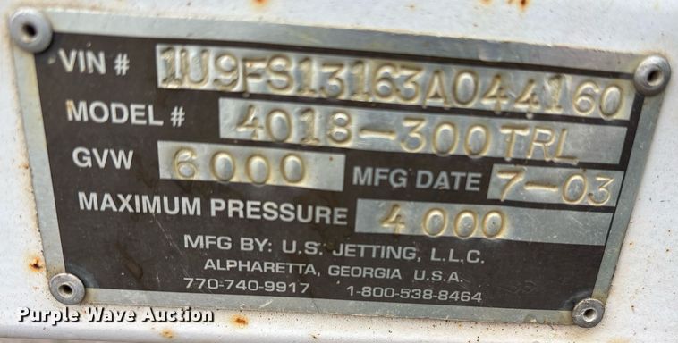 image for item OK9308 2003 US Jetting Inc 4018-300TRL sewer jetter trailer