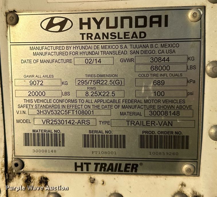 image for item DS3281 2015 Hyundai VR2530142-ARS refrigerated van trailer