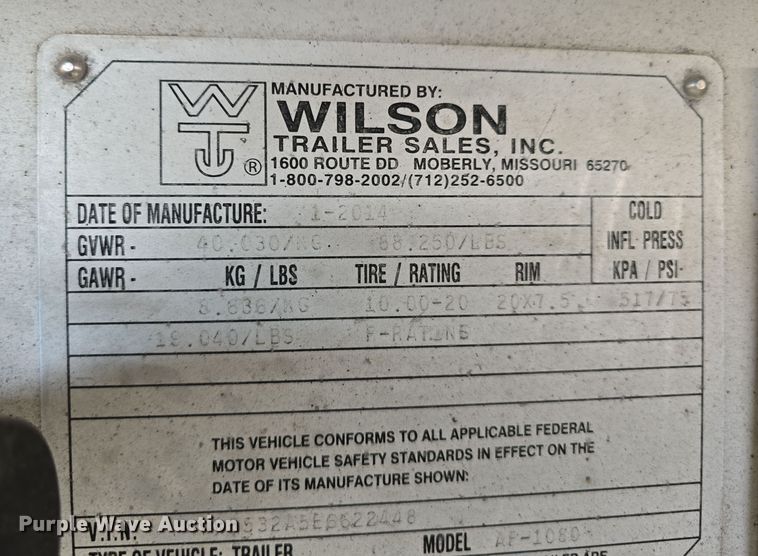 image for item DV0003 2014 Wilson AF-1080 flatbed trailer
