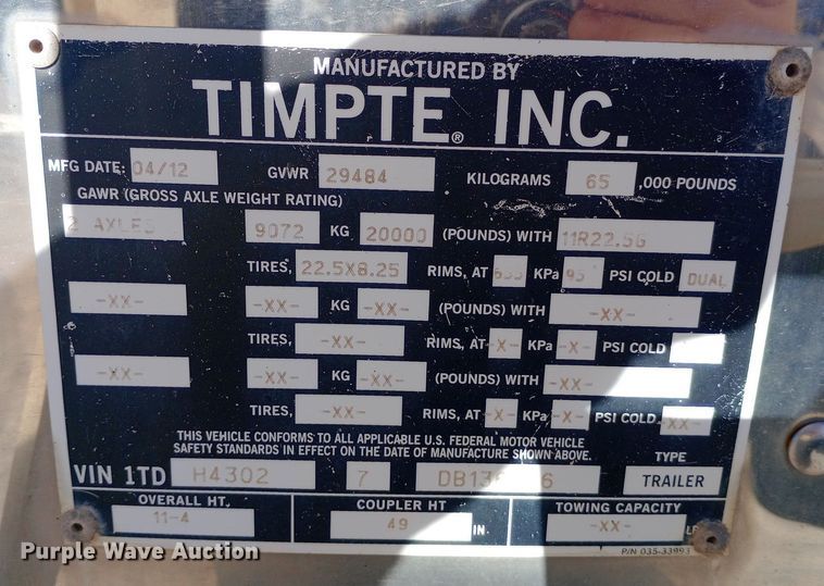 image for item DW0904 2013 Timpte Super Hopper grain trailer