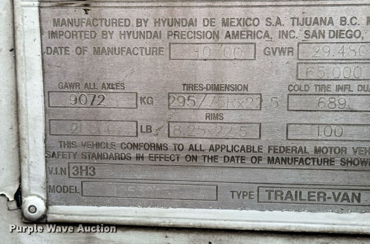 image for item DW1751 2001 Hyundai V125301152JSA dry van trailer