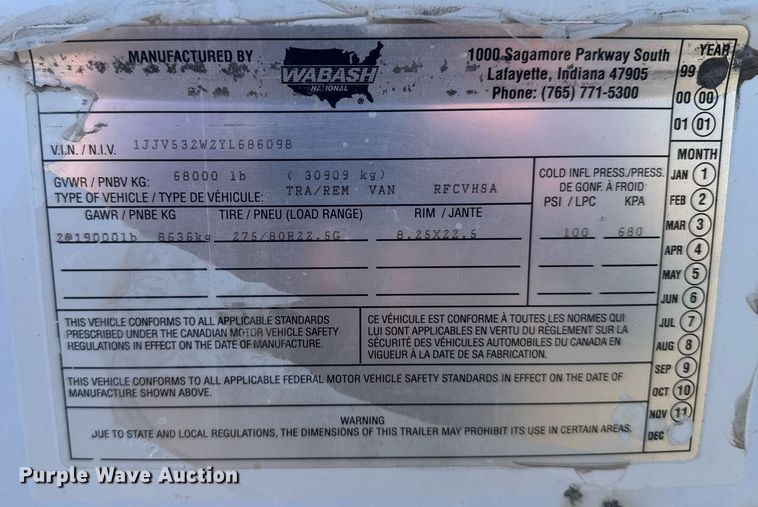 image for item DX3923 2000 Wabash refrigerated van trailer