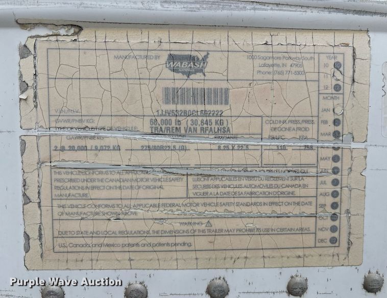 image for item EJ3239 2012 Wabash refrigerated van trailer