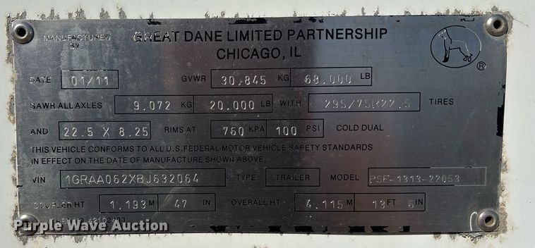 image for item EJ3247 2011 Great Dane PSE-1313-22053 dry van trailer