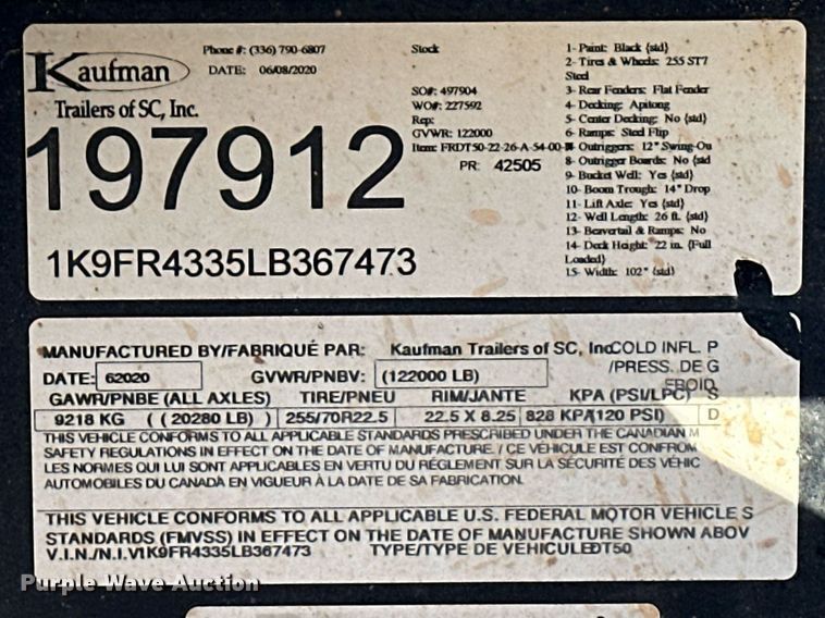 image for item ER8447 2020 Kaufman lowboy equipment trailer