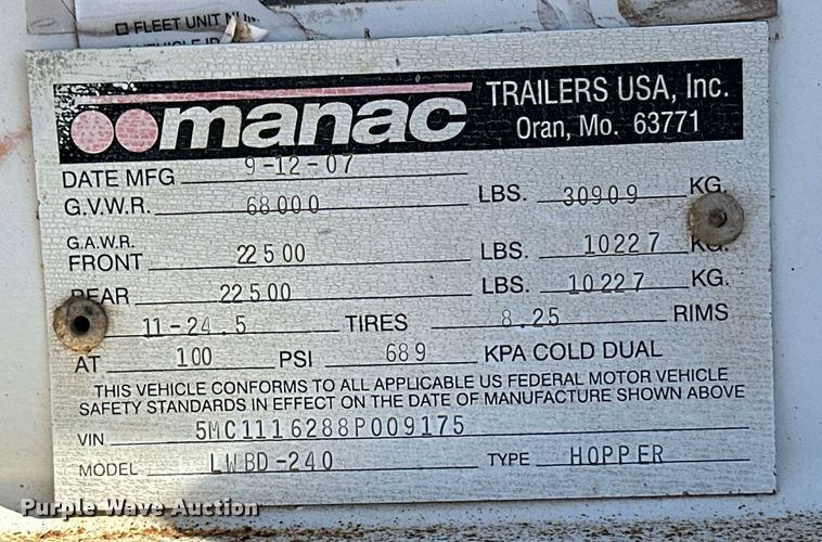 image for item ER8448 2008 CPS Manac  LWBD-240 bottom dump trailer