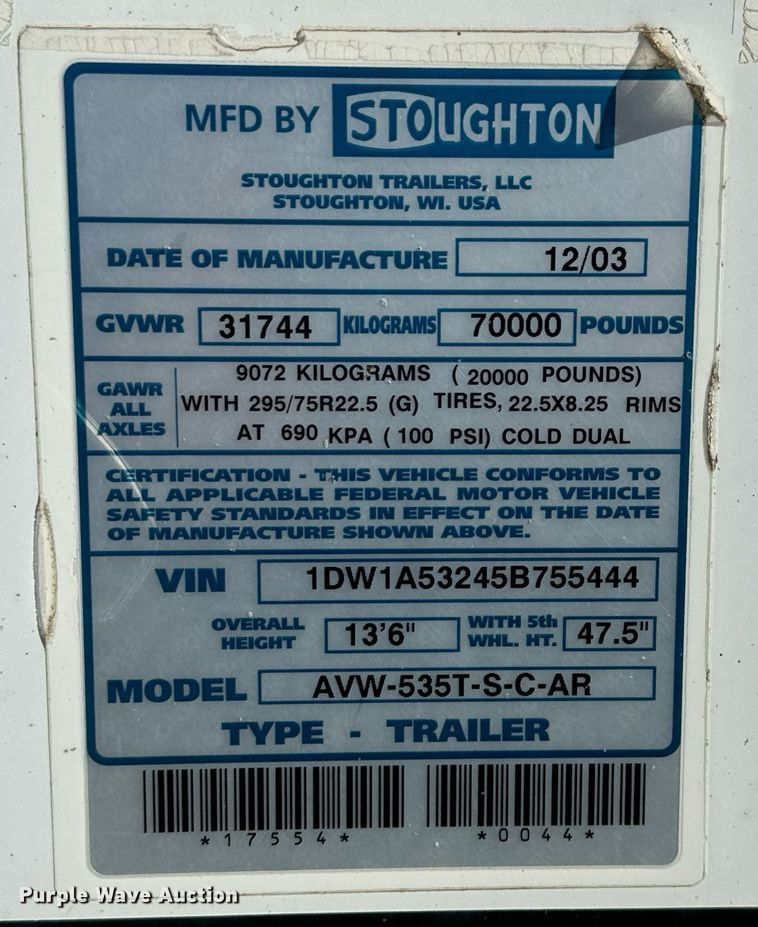 image for item LH9308 2005 Stoughton  AVW-535T-S-C-AR dry van trailer