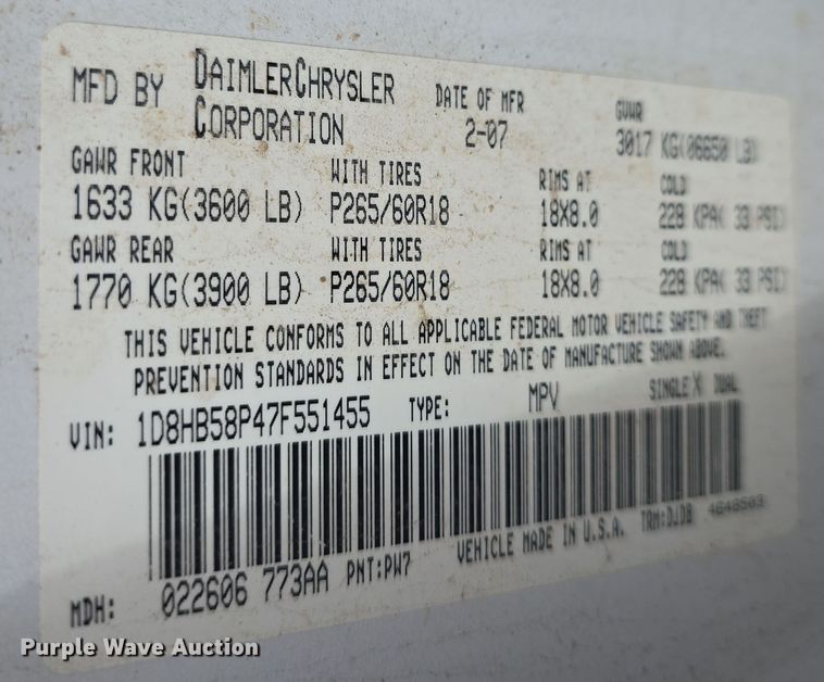 image for item DQ5355 2007 Dodge Durango Limited SUV