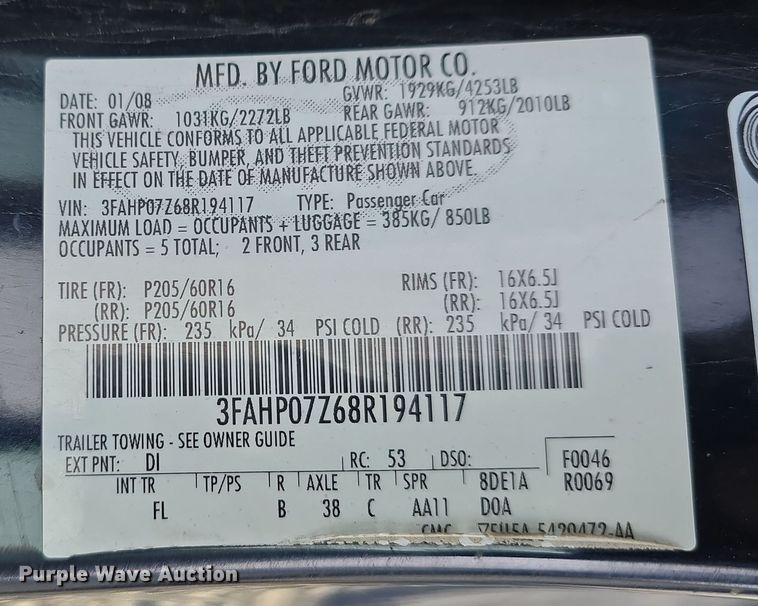 image for item DV0136 2008 Ford Fusion SE 