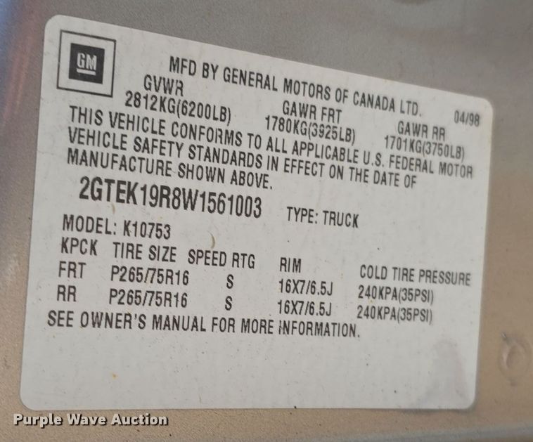 image for item DW3865 1998 GMC Sierra K1500 Ext. Cab pickup truck