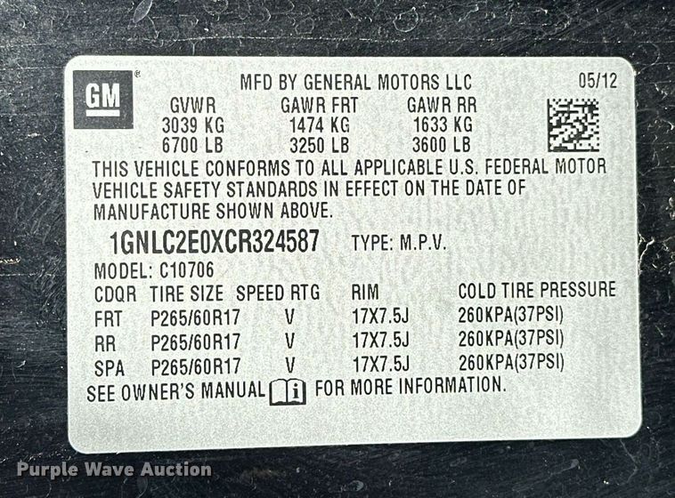 image for item EJ5172 2012 Chevrolet Tahoe Police SUV