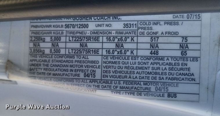 image for item EJ8145 2016 Goshen E350 Super Duty  shuttle bus