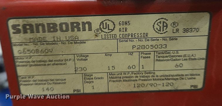 image for item EQ3788 Sanborn Magna Force  air compressor