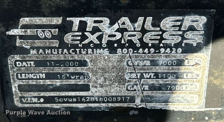 image for item NJ9631 2001 Trailer Express utility trailer