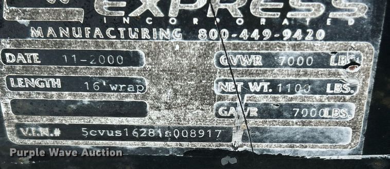 image for item NJ9631 2001 Trailer Express utility trailer