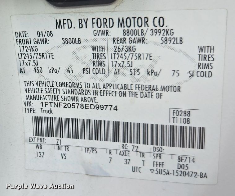 image for item YA0273 2008 Ford F250 Super Duty XL pickup truck