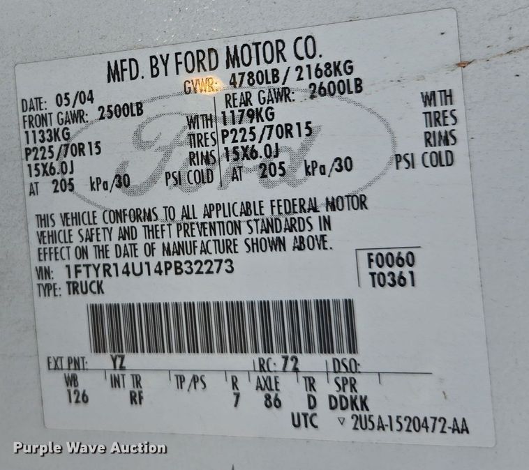 image for item YA0282 2004 Ford Ranger SuperCab pickup truck