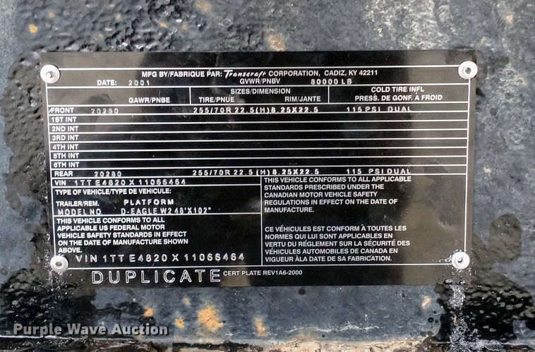 image for item IO9977 2001 Transcraft Eagle drop deck equipment trailer